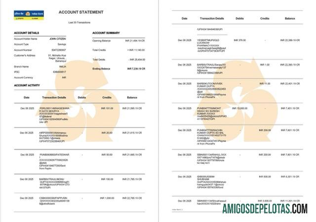Extrato de conta do banco indiano Allahabad para impressão, modelo Word e PDF, 2 páginas